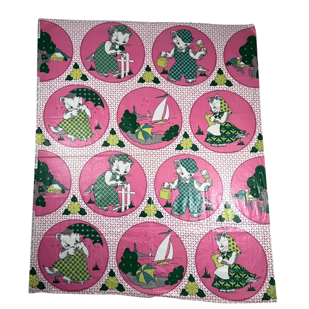 VTG Everglaze‎ Kandell Design Washable Chintz Fabric Sample Pink Kittens Cats